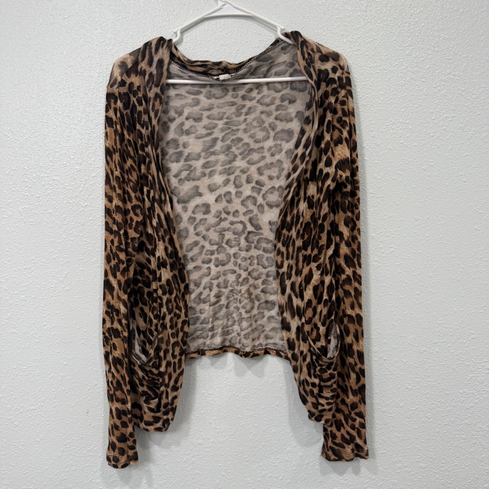Zenana Outfitters Leopard Open Front Cardigan Brown Black Large Long Sleeve